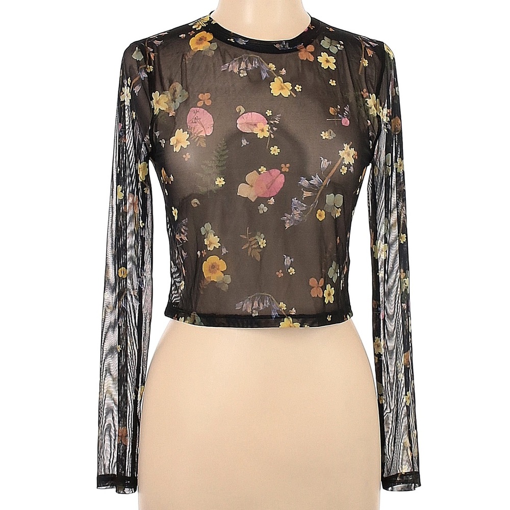 Sunday Best Sheer Floral Long Sleeve Cropped Mesh Top